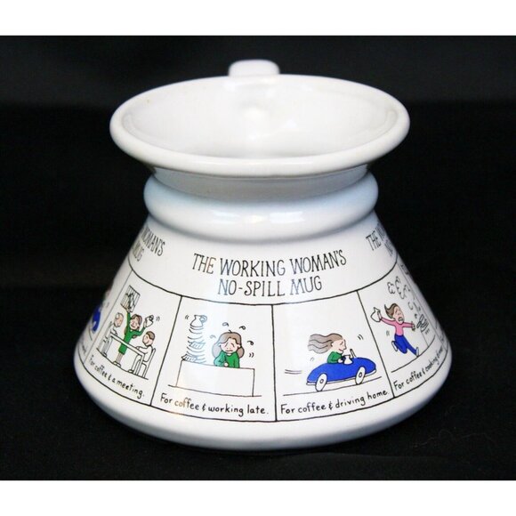 Vtg 80s 90s The Working Woman No Spill Coffee Mug White Curved Graphic Cup Funny - Picture 4 of 6